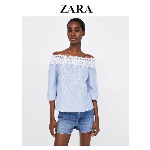 NWOT Zara Contrast Lace Stripe Off Shoulder Top -S - Picture 3 of 8
